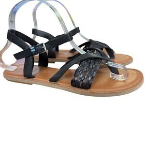 Toms Lexie Sandals Black Leather Ankle Strap Flats Thongs Woven Shoes sz 7